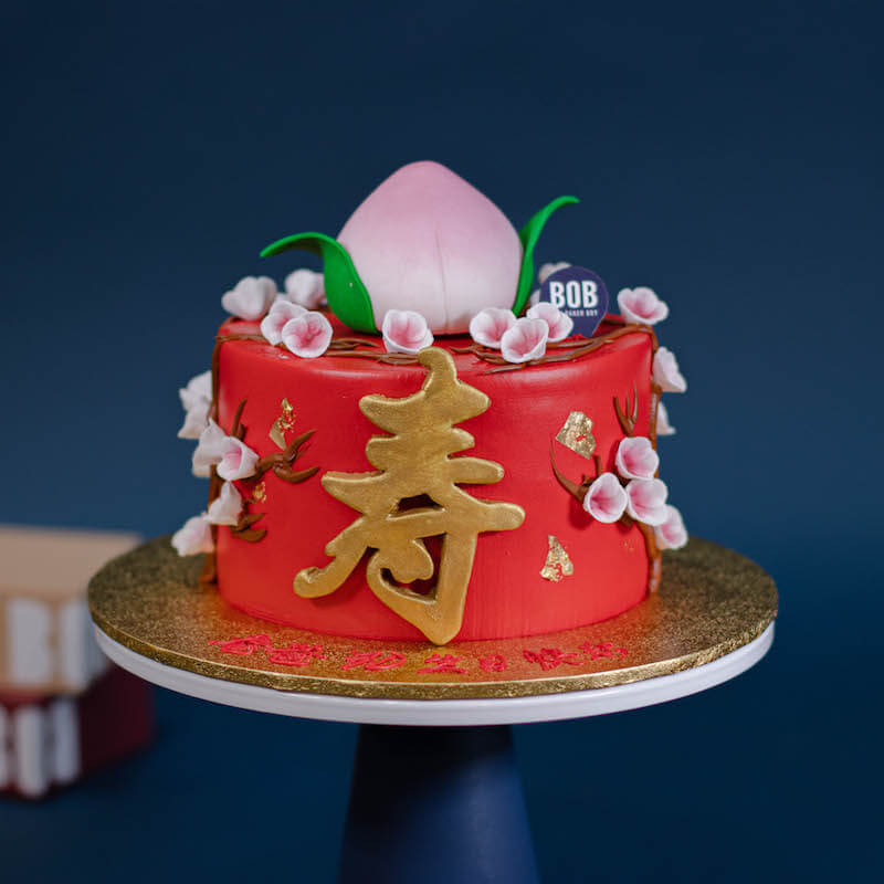 Deep Red Longevity Cake with 1 Large Shou Tao